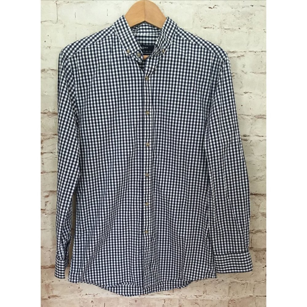 Bar III Slim Fit Carnaby Collection Mens M Navy Gingham Check Button Down Shirt
